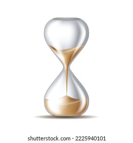 Realistic hourglass. 3D sand clock. Old-fashioned stopwatch for time measurement as Connected transparent flasks with falling grains. Vector isolated glass watch