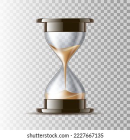 Realistic hourglass. 3D sand clock. Old-fashioned stopwatch for time measurement as Connected transparent flasks with falling grains. Vector glass watch