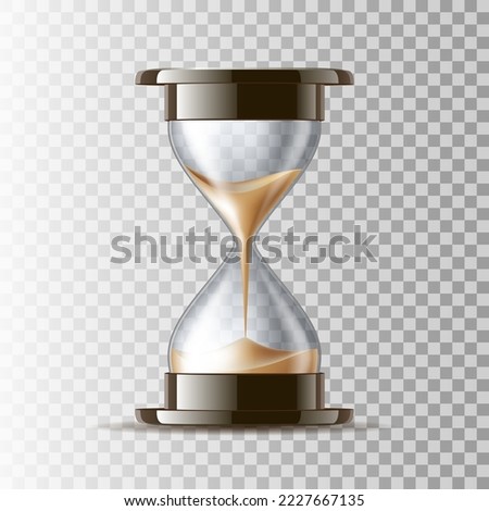 Realistic hourglass. 3D sand clock. Old-fashioned stopwatch for time measurement as Connected transparent flasks with falling grains. Vector glass watch