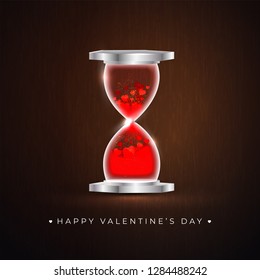 Realistic hourglass with tiny heart shapes on brown background. Valentine's Day poster or greeting car design.