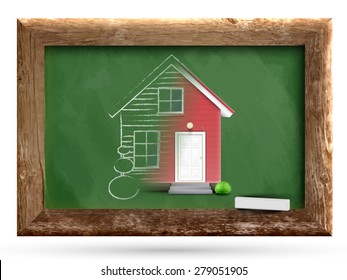 Realistic house being drawn on a chalkboard, vector