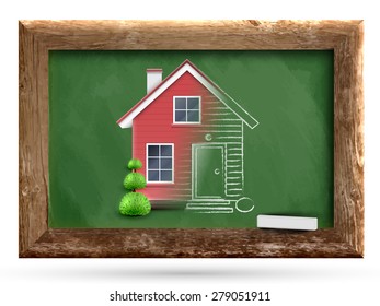 Realistic house being drawn on a chalkboard, vector
