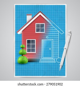 Realistic house being drawn, vector