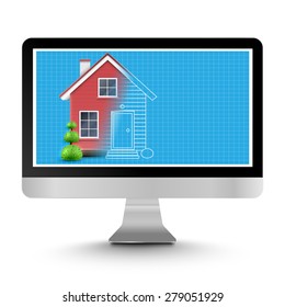 Realistic house with a blueprint on a computer, vector