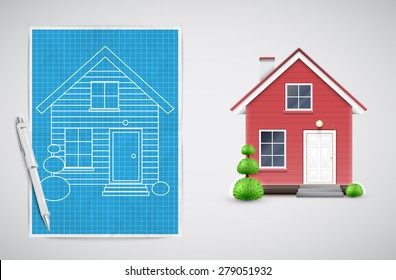 Realistic house with a blueprint, vector