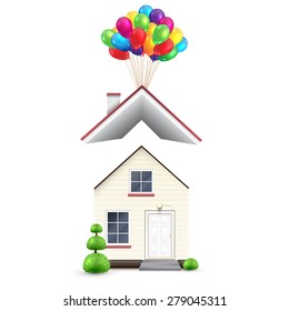 Realistic house with colorful balloons, vector