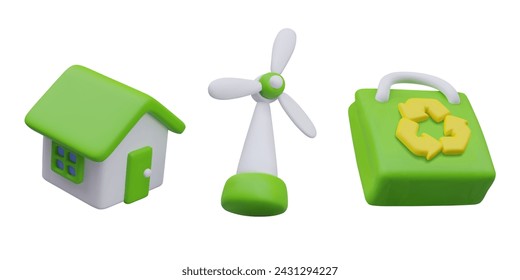 Realistic house with eco roof, wind turbine, shopping bag with recycling sign