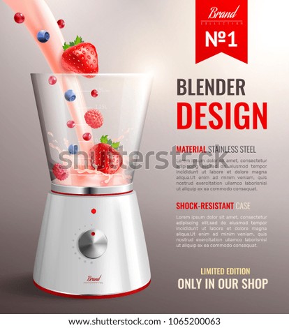 Realistic household kitchen appliances poster with brand number one blender design limited edition only in our shop headline vector illustration