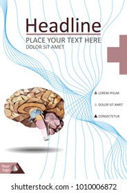 Realistic human brain in low poly. Cover  template of dissected brain. Book, banner. Cerebrum, epithalamus brainstem, cerebellum, cortex, thalamus, hippocampus, hypothalamus, cerebral lobes. Vector