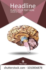 Realistic human brain in low poly. Cover  template of dissected brain. Book, banner. Cerebrum, epithalamus brainstem, cerebellum, cortex, thalamus, hippocampus, hypothalamus, cerebral lobes. Vector