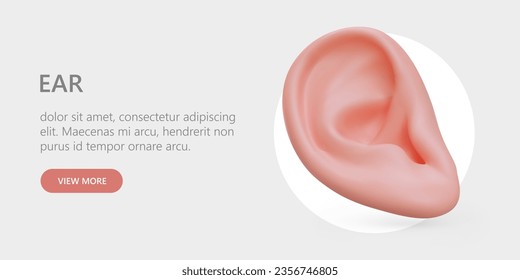 Realistic human ear. Help of otolaryngologist. Hearing test, audiometry. Clinic services. Advertising banner with link button. Concept with place for text