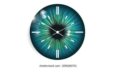 Realistic human eye with multicolored cornea in the form of a round clock icon with time arrows. Medical concept, health reminder. Copy space. Vector illustration