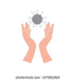Realistic human hand with flat design style. Open palms show the gesture of praying and asking God for the corona virus to disappear from the earth. Signs and symbols. Vector icon illustration.