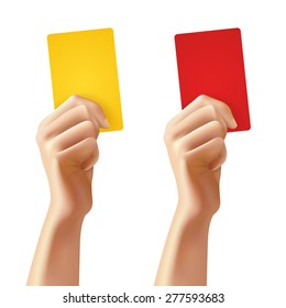 Realistic human hands holding red and yellow foul soccer cards isolated vector illustration