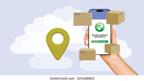 Realistic human hands holding smartphone with an online delivery app concept. Fast respond delivery package shipping on mobile. Online delivery order tracking with map. Vector.