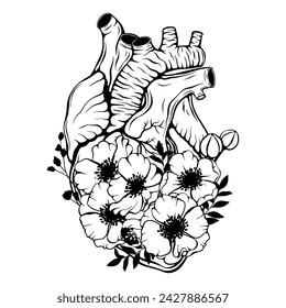 Realistic human heart line art vector. Heart disease, health issues, heart attack, love, romantic, wedding concept 