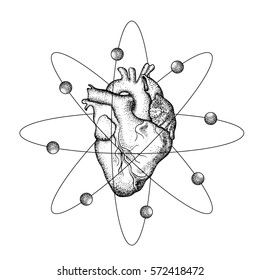 Realistic human heart with wings like atom with electrons. Tattoo art, dot work design for St Valentine day