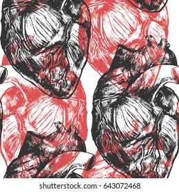 Realistic human hearts drawn by hand. Seamless texture. Repeated pattern. It can be used as wallpaper, printing, wrapping, fabric or background for your blog and your design. 