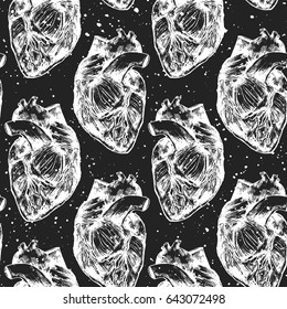 Realistic human hearts drawn by hand. Seamless texture. Repeated pattern. It can be used as wallpaper, printing, wrapping, fabric or background for your blog and your design. 