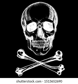 Realistic human skull and bones. Hand-drawn vector Jolly Roger for your symbolic design.