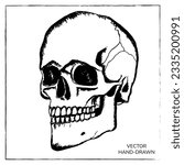 Realistic human skull. Hand drawn black vector illustration. Death symbol. Skull skeleton for halloween, pirate party, archaeological, paleontological magic, alchemy poster, book, game, web
