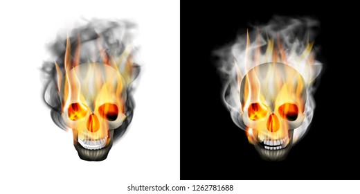 Realistic human skull in the smoke and fire. Isolated object on white and black background, can be used with any image or text.