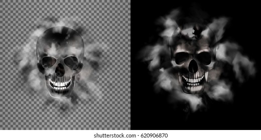 Realistic human skull in the smoke. Isolated object on white and black background, can be used with any image or text.