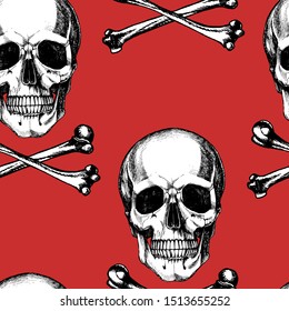 Realistic human skulls and bones. Hand-drawn vector Jolly Roger seamless pattern for your symbolic design.