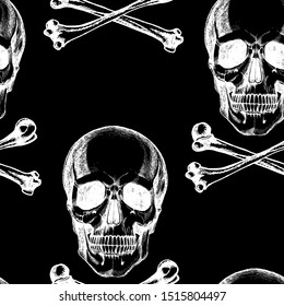 Realistic human skulls and bones. Hand-drawn vector Jolly Roger seamless pattern for your symbolic design.