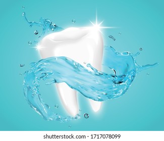 Realistic human tooth with splashing liquid around, isolated on light greenish blue background, 3d illustration
