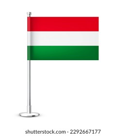 Realistic Hungarian table flag on a chrome steel pole. Souvenir from Hungary. Desk flag made of paper or fabric and shiny metal stand. Mockup for promotion and advertising. Vector illustration