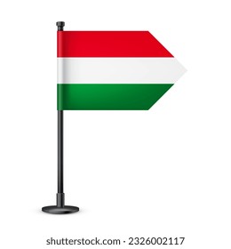 Realistic Hungarian table flag on a black steel pole. Souvenir from Hungary. Desk flag made of paper or fabric and shiny metal stand. Mockup for promotion and advertising. Vector illustration