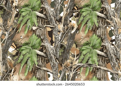 Realistic hunting camouflage pattern with tree branches and ferns, a seamless repeating design, High-resolution detail captured 