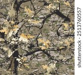 Realistic hunting camouflage seamless pattern design. Forest barks, stems, leaves camouflage background