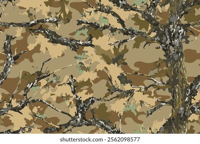 Realistic hunting camouflage seamless pattern design. Forest barks, stems, leaves camouflage background. Vector camouflage texture for hunting and military