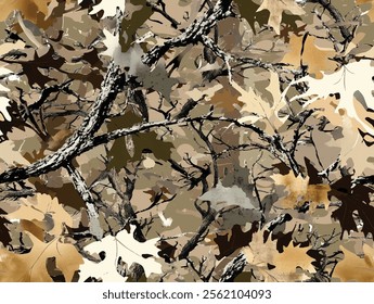 Realistic hunting camouflage seamless pattern design. Forest barks, stems, leaves camouflage background. Vector camouflage for hunting and military