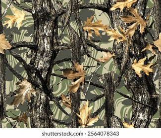 Realistic hunting camouflage seamless pattern design. Vector hunting camo texture. Forest barks, stems, leaves camouflage background. Duck and deer hunting