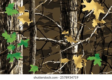 Realistic hunting camouflage seamless pattern design. Forest barks, stems, leaves camouflage background