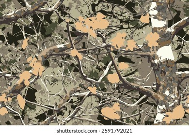 Realistic hunting camouflage seamless pattern design. Forest barks, stems, leaves camouflage background