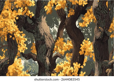 Realistic hunting camouflage seamless pattern design. Forest barks, stems, leaves camouflage background.
