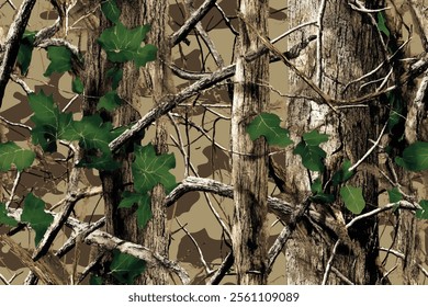 Realistic Hunting Camouflage Vector Seamless Pattern with Intricate Tree Bark and Leaf Details for Outdoor Gear and Prints. 