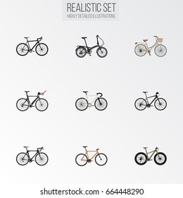 Realistic Hybrid Velocipede, Timbered, Road Velocity And Other Vector Elements. Set Of Bike Realistic Symbols Also Includes Road, Bicycle, Vintage Objects.