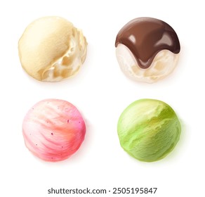 Realistic ice cream balls. Homemade Icecream ball chocolate splash, vanilla strawberry caramel flavors frozen milk scoop sphere, 3d sorbet sundae gelato exact vector illustration original artwork