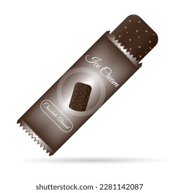 Realistic ice cream bar vector. An illustration of chocolate ice cream with almond toppings being opened from its packaging. For advertisements, promotions, and holiday-themed banners