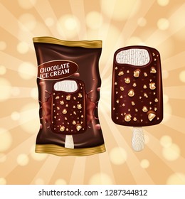 Realistic ice cream with chocolate splashes. Natural product. Ice cream packaging.
