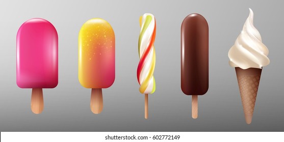 Colección realista de helados con productos dulces eskimo glaze caramel en palos y sundés ilustraciones vectoriales aisladas