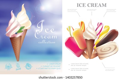Realistic ice cream concept with lollipops popsicle tasty icecreams in waffle cones and on stick vector illustration
