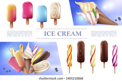 Realistic ice cream concept with popsicles lollipops different sorts of icecream on stick and in waffle cones vector illustration