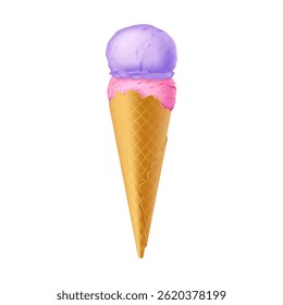 Cone de sorvete realista com colheres rosa e roxa. Cores brilhantes simbolizam frescura e diversão. Perfeito para temas de verão e anúncios. Isolado no fundo branco.