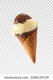 Realistic ice cream cone png vector featuring creamy chocolate ice cream with chocolate drizzle in a crunchy waffle cone. Great for food-related branding, menu designs, and dessert promotions.